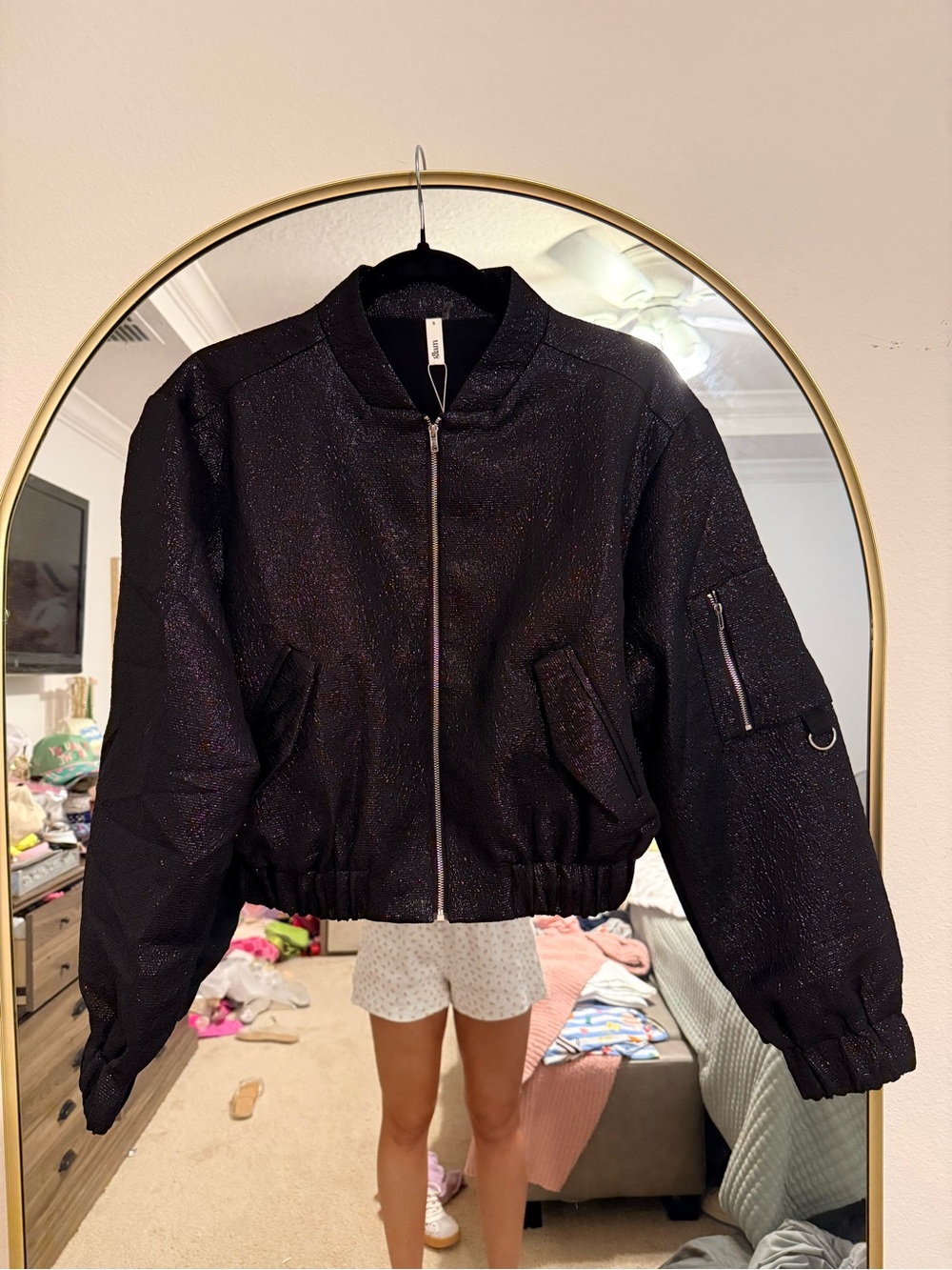 Black Shimmer Bomber Jacket - Women
